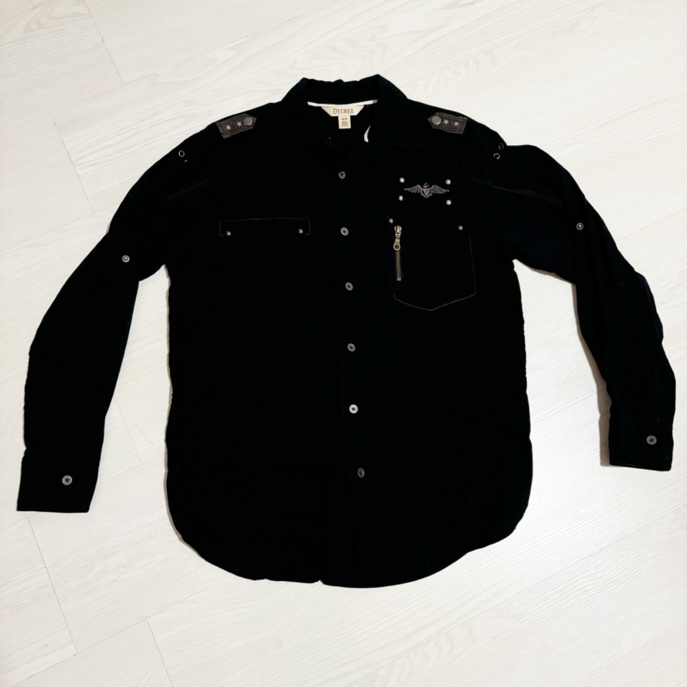 Decree Mens‎ Military Black Button Down Epaulets Size Medium